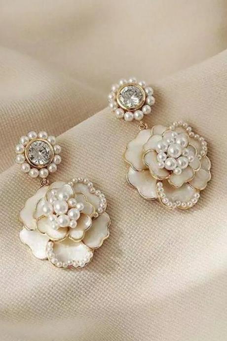 Exquisite White Flower Drop Earrings For Women 925 Silver Needle Fashion Camellia Earrings Korean Trend Elegant Jewelry