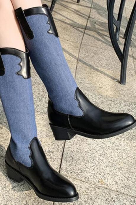 Slip On Women's Boots Autumn Pointed Toe Mixed Colors Concise Mid-calf Chunky Heels Fashion Boots