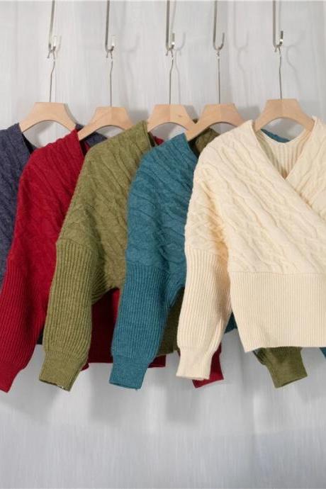 Spring Women Knitted Sweaters V-neck Cross Loose Pullover Ladies Tops Korean 5 Colors Knitwear Jumpers