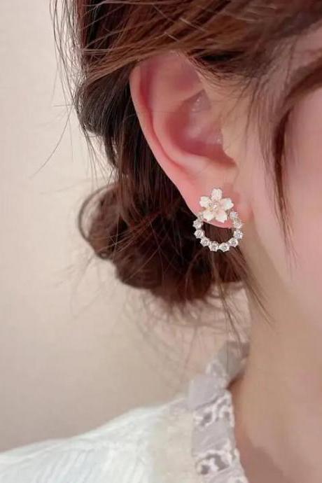 Korean Earings Fashion Jewelry Statement Earrings Pink Sakura Flower Circle Simulation Pearl Circle Stud Earrings For Women