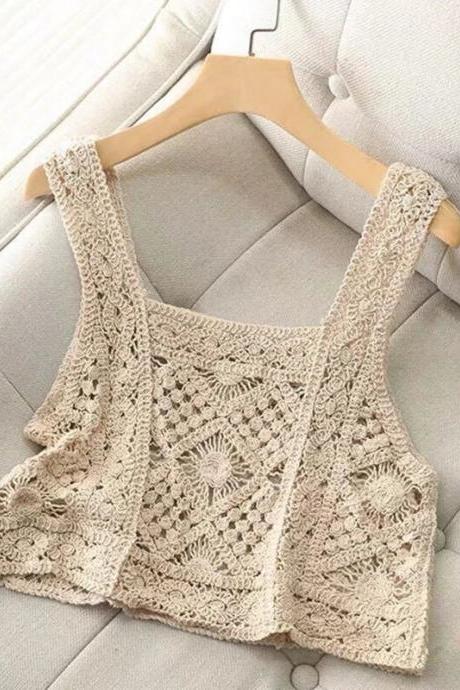 Women Spring Vintage Crochet Camisole Bohemian Hollow Out Geometry Floral Pattern Knitted Vest Casual Slim Sleeveless Crop Top