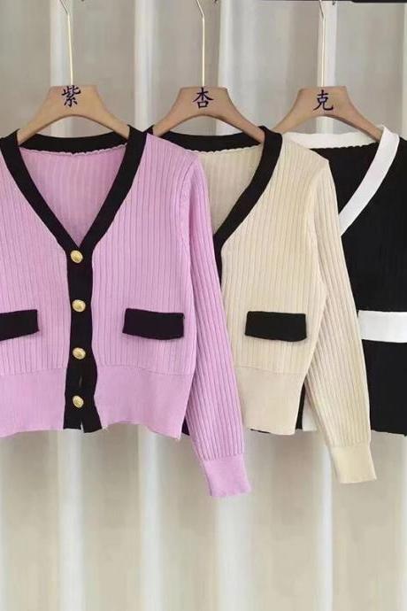 Autumn Winter Contrast Colors V Neck Single Breasted Fashion Temperament Gentle Style Knitted Sweater Korean Cardigan