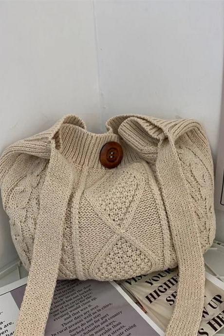 Female Soft Knitting Solid Color Tote Bag Women Japanese Korean Style Soft Crochet Braid Shopping Top-handle Handbag