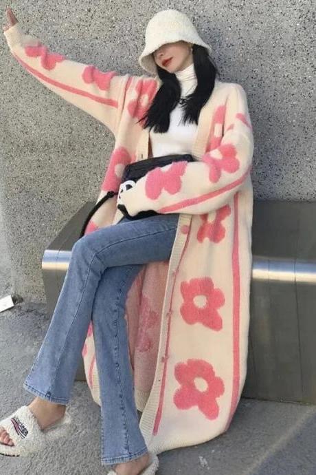 Streetwear Long Knitted Cardigan Women Flower Print Sweater Coat Harajuku Thick Oversized Knitwear Korean Jumpers Outerwear Tops
