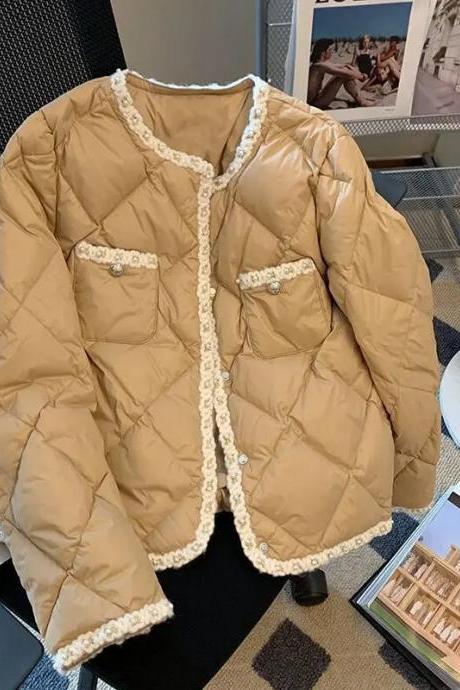 Cotton-padded Loose Argyle Parkas Beaded Autumn Winter Jacket Women Chic Down Coats Outwear Top V Neck Plaid Coats