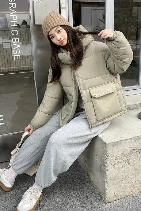 Winter Korean Casual Hoodie Big Pocket Loose Short Style Stylish Thicken Windproof Warm Ladies&amp;#039; Down Coat Outerwear
