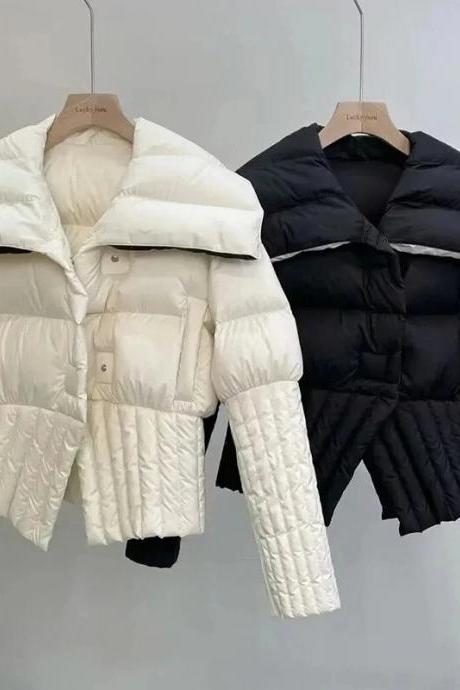 Winter Large Lapel White Down Parka Coat Elegant Office Lady Jacket Women Puffer Jacket Coat Female Windproof Outwear