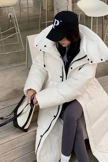 Autumn Winter Women&amp;#039;s Warm All Match Parka For Fashion Hooded Solid Color Pocket Drawstring Loose Jacket Coat