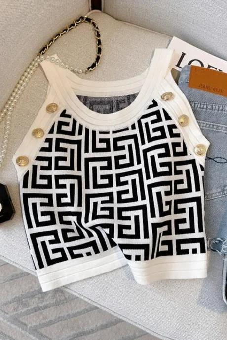 Jacquard Gold Buttons Knitted Vest Women&amp;#039;s Slim Crop Tops Summer Sleeveless Vintage Streetwear Sexy Ladies Chic Knitwear