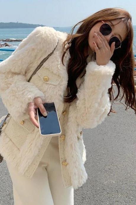 Winter Women Jacket Lamb Wool Korean Style Streetwear O-neck Faux Fur Coat Woman Warm Thick Furry Fluffy Coat