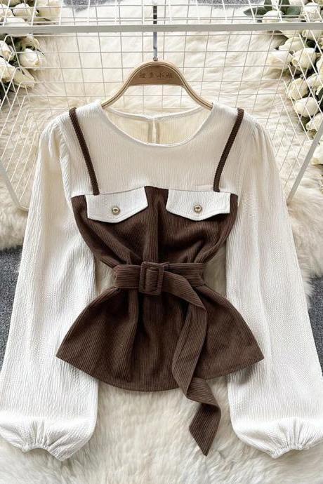 Classic Ribbed White Blouse With Contrast Brown Pinafore
