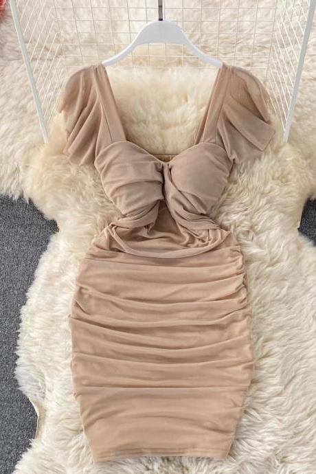 Elegant Taupe Puff Sleeve Ruched Bodycon Mini Dress