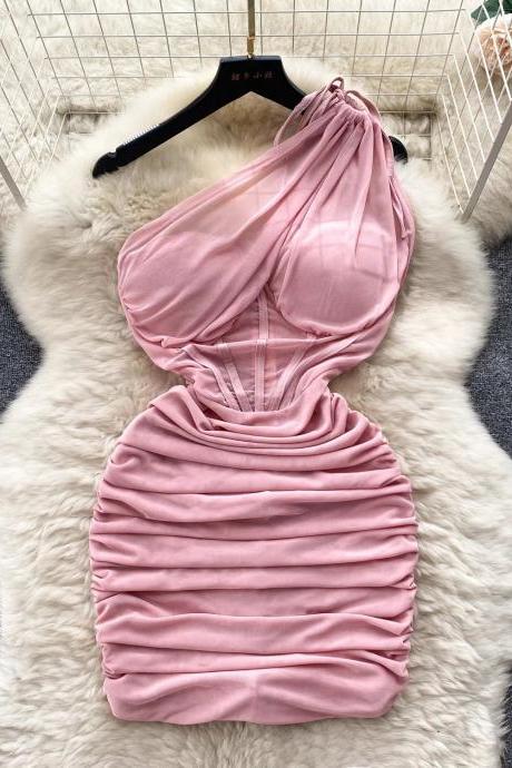 Elegant Pink Halter Neck Ruched Mini Dress