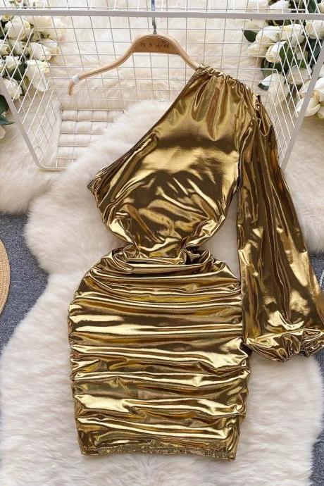 Womens One-shoulder Gold Satin Ruched Mini Dress