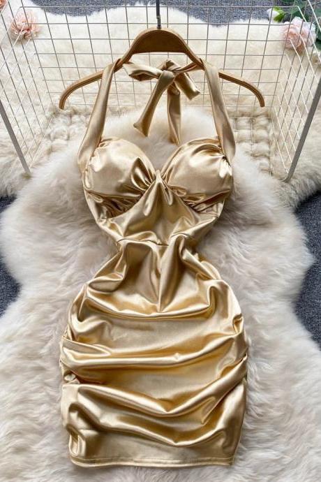 Elegant Satin Gold Halter Neck Mini Dress Partywear