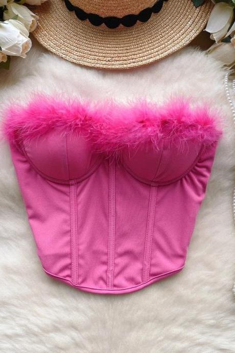 Pink Feather Trim Corset Top Fashion Bustier Sleeveless