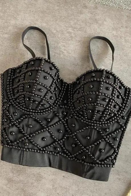 Womens Embellished Bustier Crop Top With Beaded Detail