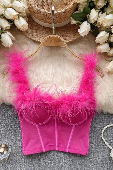 Womens Pink Feather Trim Bustier Crop Top Lingerie