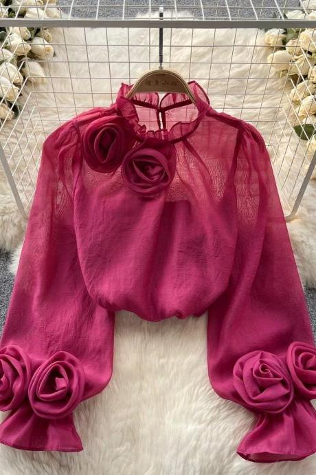 Elegant Fuchsia Sheer Blouse With Statement Rose Sleeves
