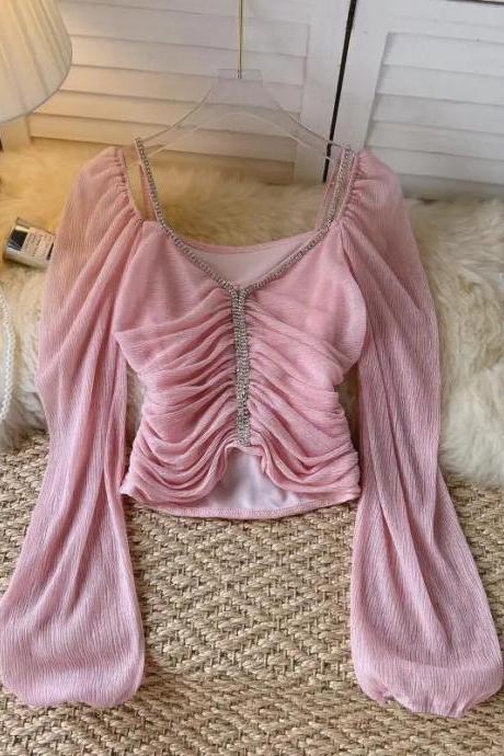 Pink Long Sleeve Ruched Blouse With Rhinestone Trim