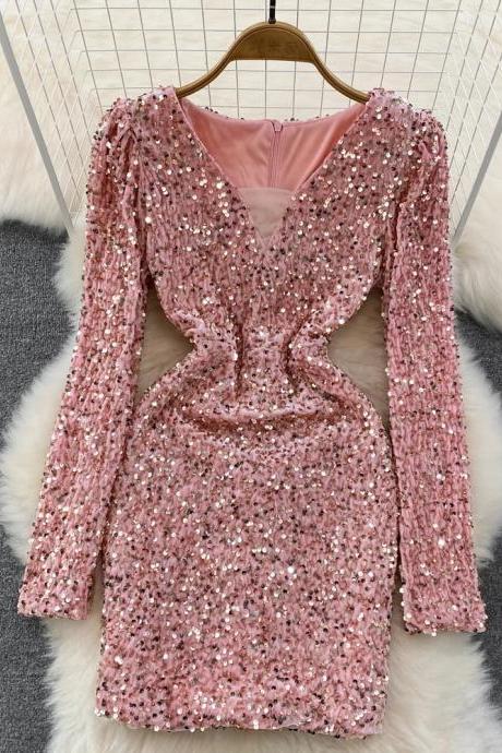Elegant Long Sleeve Sequin Bodycon Party Dress Pink