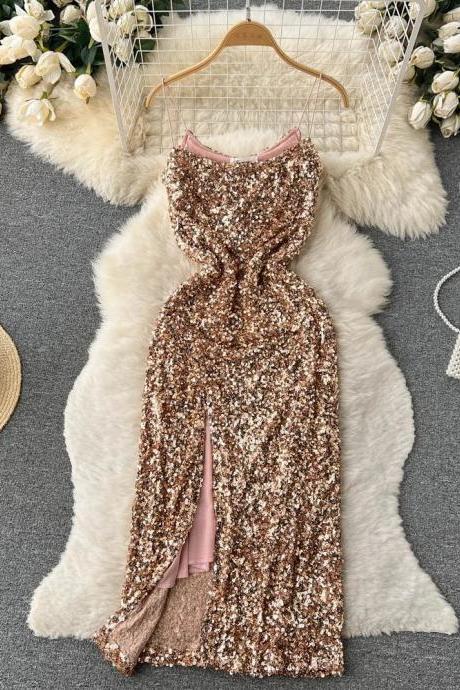 Elegant Rose Gold Sequin Evening Gown With Slit
