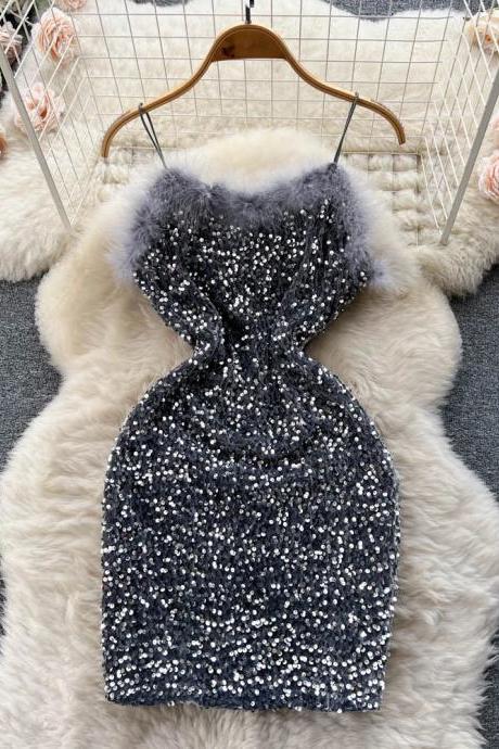 Sparkly Sequin Mini Dress With Fluffy Trim Neckline