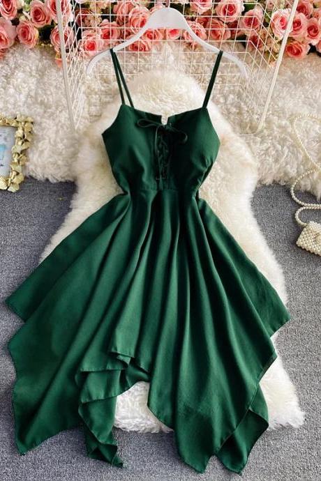 Womens Asymmetrical Hem Green Cocktail Summer Dress