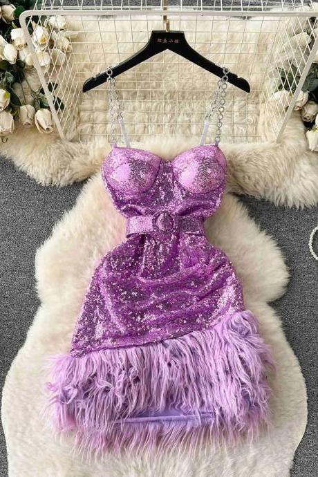 Sexy Chain Spaghetti Strap Sleeveless Sequin Mini Party Dress For Women Padded Belted High Waist Faux Fur Hem Club Night Dress