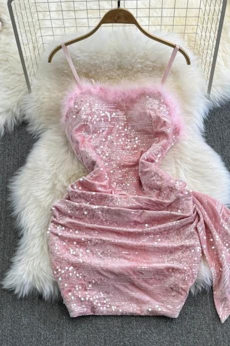 Womens Sparkly Pink Sequin Dress With Faux Fur Trim