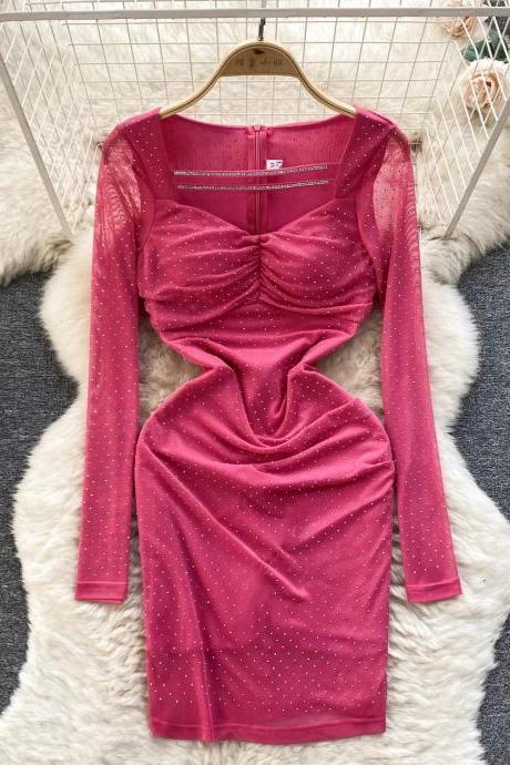 Elegant Long Sleeve Pink Ruched Bodycon Dress