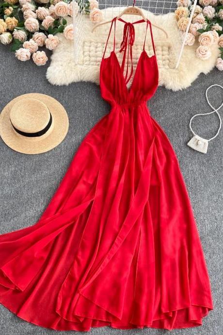 Elegant Red Sleeveless Maxi Dress With Halter Neckline