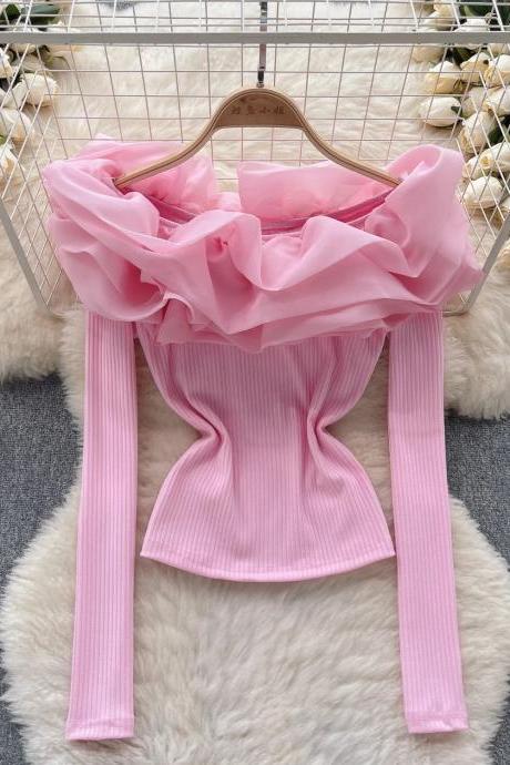 Womens Pink Ruffled Collar Long Sleeve Ribbed Blouse
