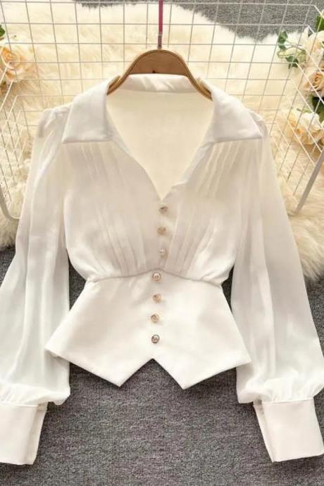 Elegant White Satin Button-up Peplum Blouse For Women