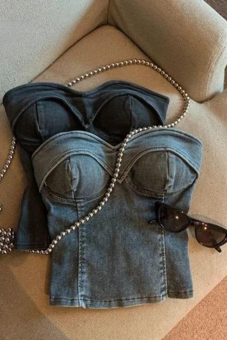 Womens Denim Corset Top With Pearl Accent Necklace