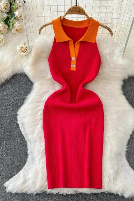 Elegant Red Sleeveless Midi Dress With Collar Detail