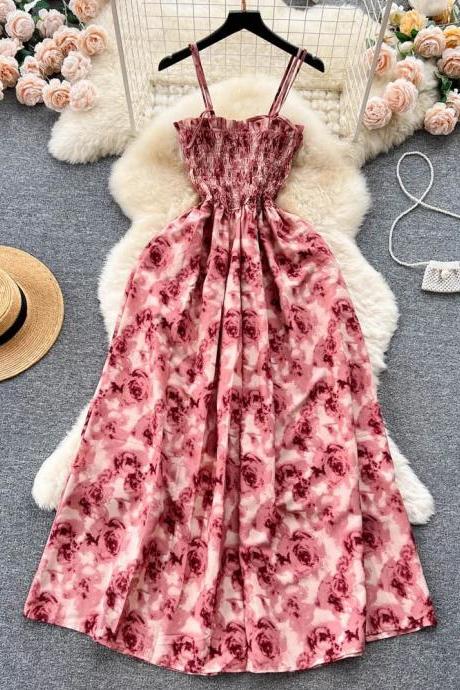 Elegant Floral Print Sleeveless Summer Dress With Fur