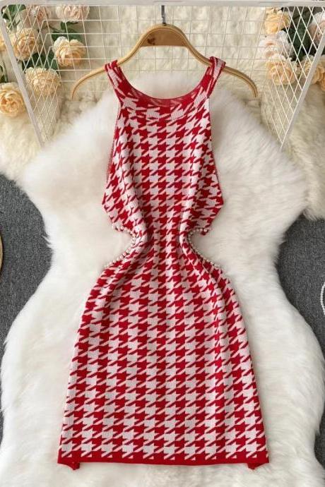 Womens Sleeveless Houndstooth Knit Bodycon Midi Dress