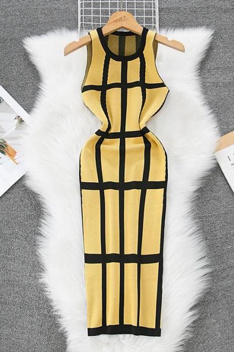 Elegant Sleeveless Geometric Pattern Bodycon Midi Dress
