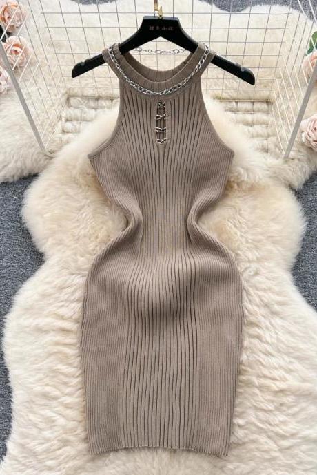 Sleeveless Ribbed Knit Bodycon Dress With Zip Detail