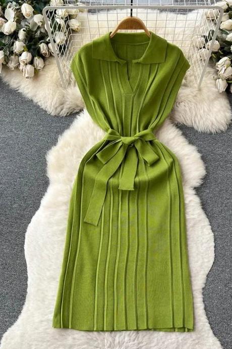 Elegant Green Midi Dress With Tie Waist Belt