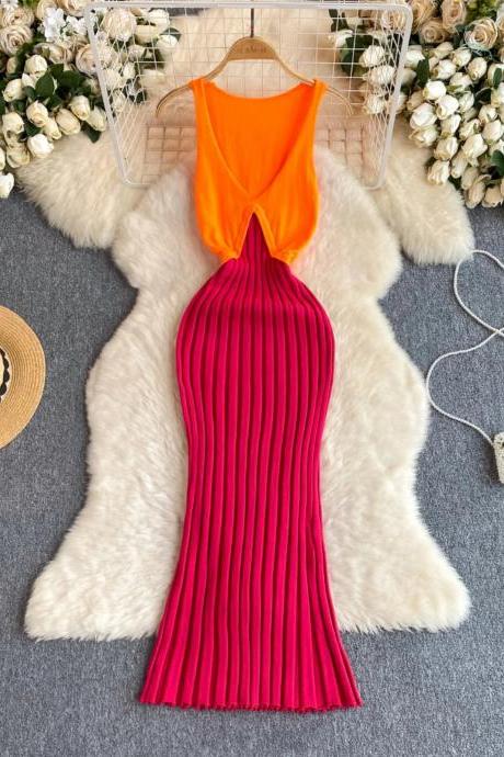 Orange Halter Neck Pleated Long Maxi Dress