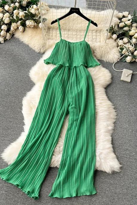 Womens Green Pleated Spaghetti Strap Jumpsuit With Ruffle