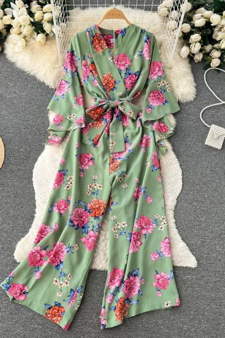 Floral Print Green Wrap Kimono Belted Casual Jumpsuit