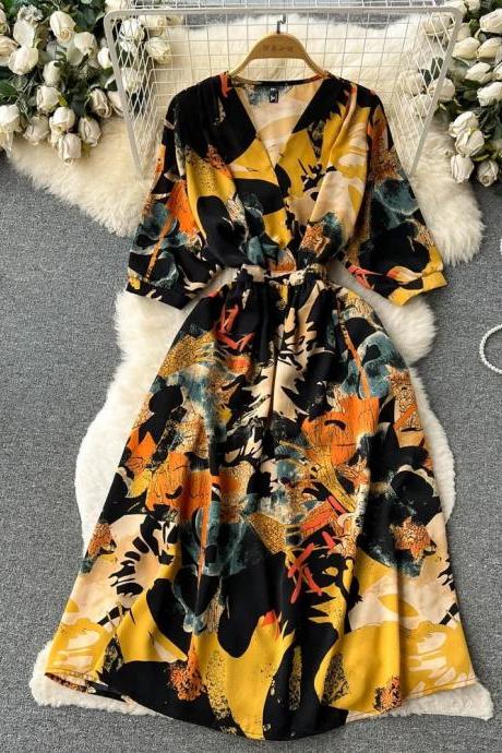 Elegant V-neck Floral Kimono Belted Maxi Dress