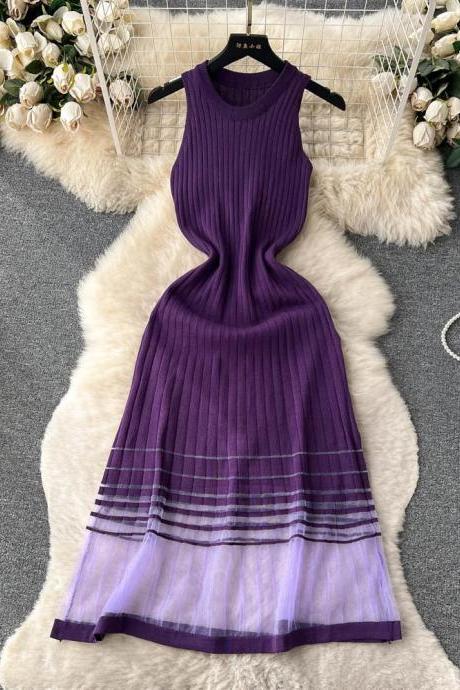 Elegant Sleeveless Pleated Midi Dress In Purple Ombre