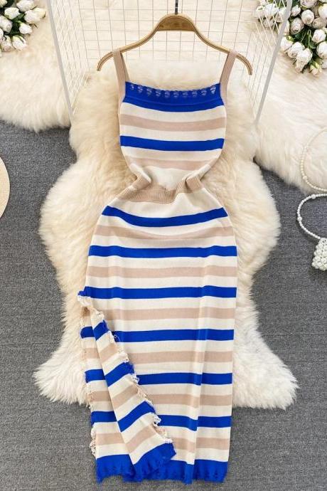 Womens Sleeveless Striped Summer Dress With Blue Accents
