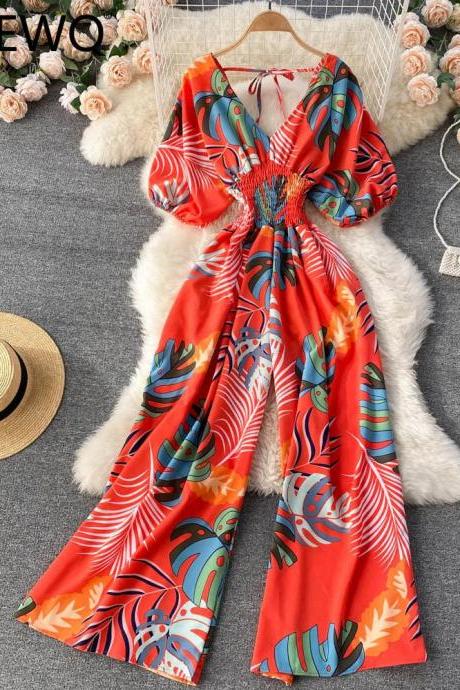 Womens Tropical Print Wide-leg Jumpsuit With Cinched Waist
