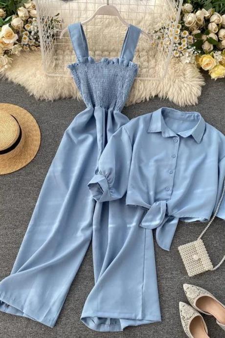 Womens Elegant Blue Shirred Jumpsuit And Shirt Set