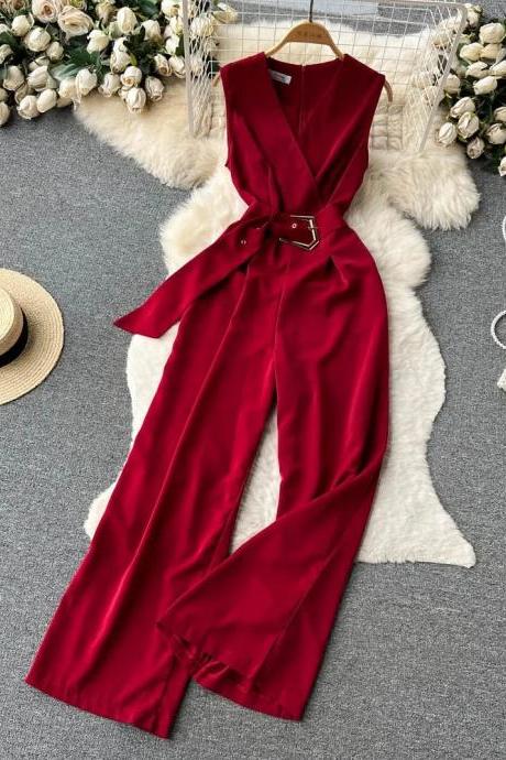 Elegant Red Sleeveless Jumpsuit With Waist Belt For Women